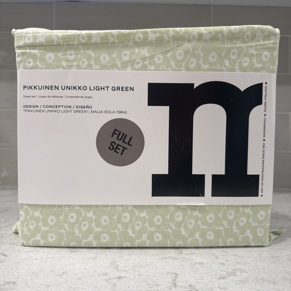 Marimekko PIKKUINEN UNIKKO GREEN 100% Cotton 4 pc Full Sheet Set New